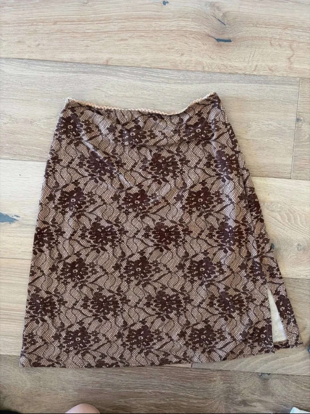 Nordstrom Brown Lace-Overlay Midi Skirt
